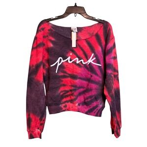 NWT Victoria's Secret PINK Tie Dye Off Shoulder Sweatshirt Black Logo Medium